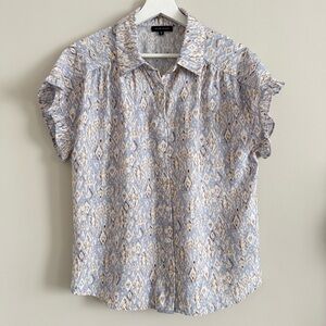 Pleione Crinkle Ruffle Sleeve Camp Shirt Ikat Print Medium
